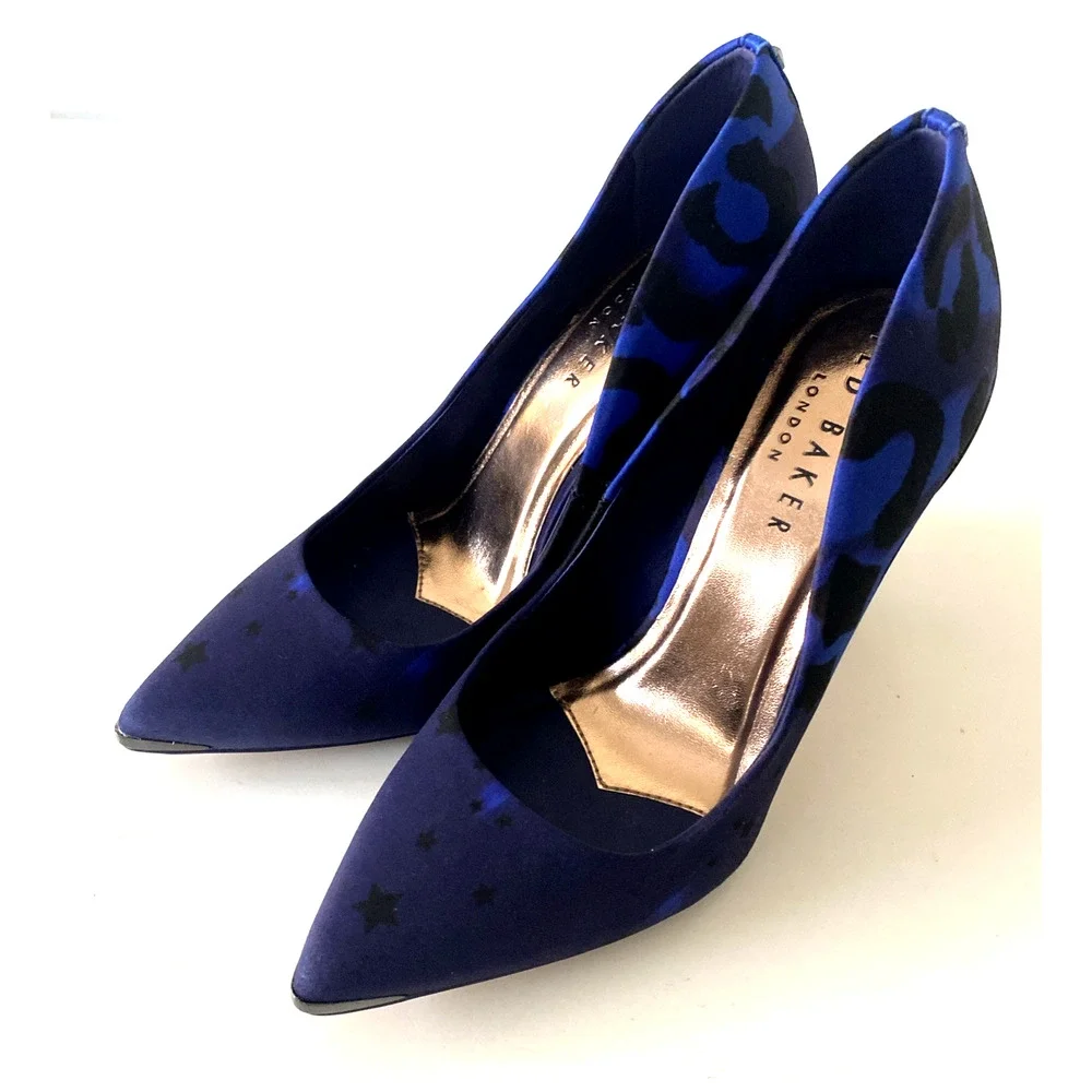 TED BAKER Navy Star Leopard Iziie Toe Stiletto Slip On Pump Point Blue Satin 5
